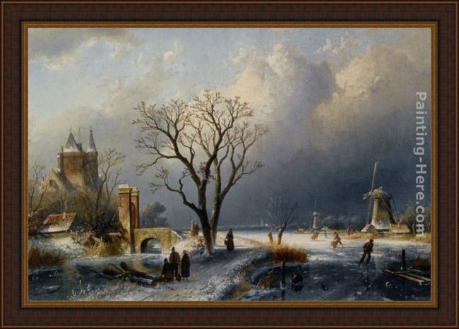 Framed Charles Henri Joseph Leickert a winter landscape with figures near a castle painting