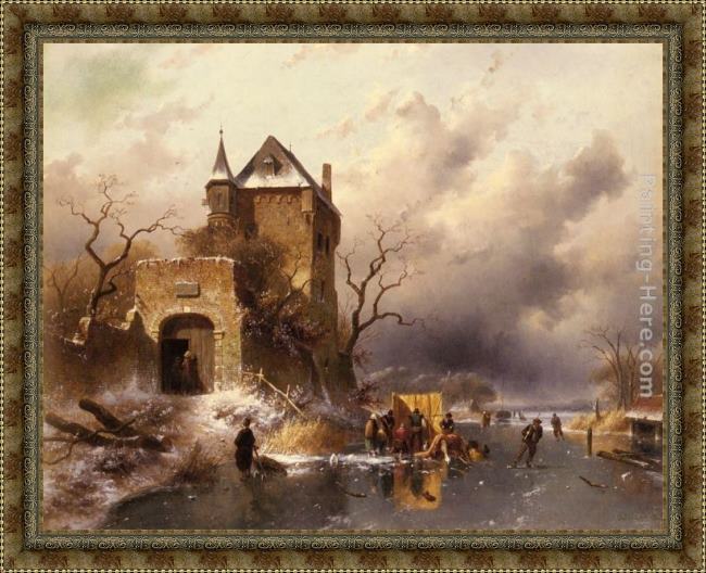 Framed Charles Henri Joseph Leickert skaters on a frozen lake by the ruins of a castle painting