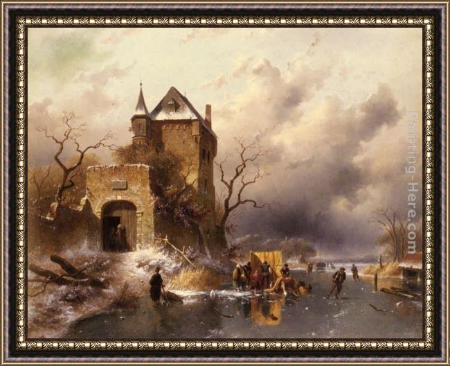 Framed Charles Henri Joseph Leickert skaters on a frozen lake by the ruins of a castle painting