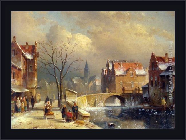 Framed Charles Henri Joseph Leickert winter villagers on a snowy street by a canal painting