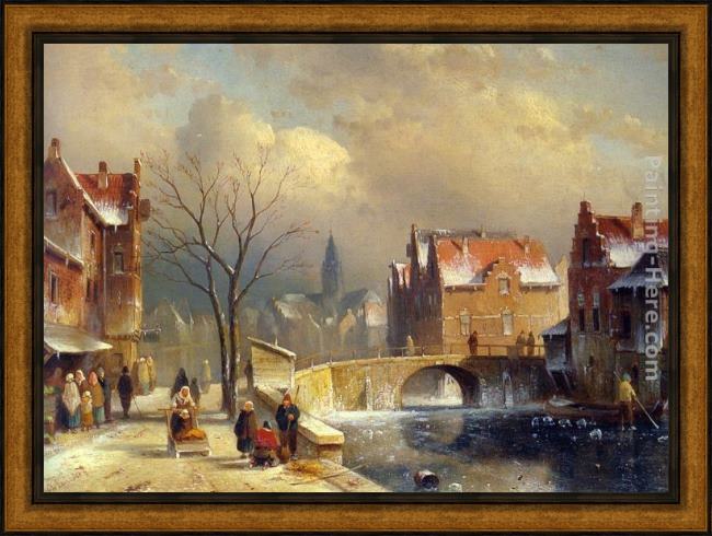 Framed Charles Henri Joseph Leickert winter villagers on a snowy street by a canal painting
