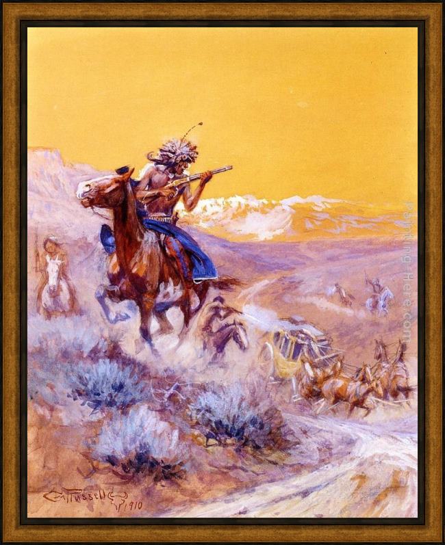 Framed Charles Marion Russell indian attack painting