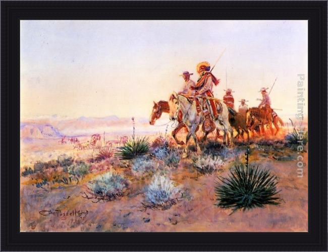 Framed Charles Marion Russell mexican buffalo hunters painting