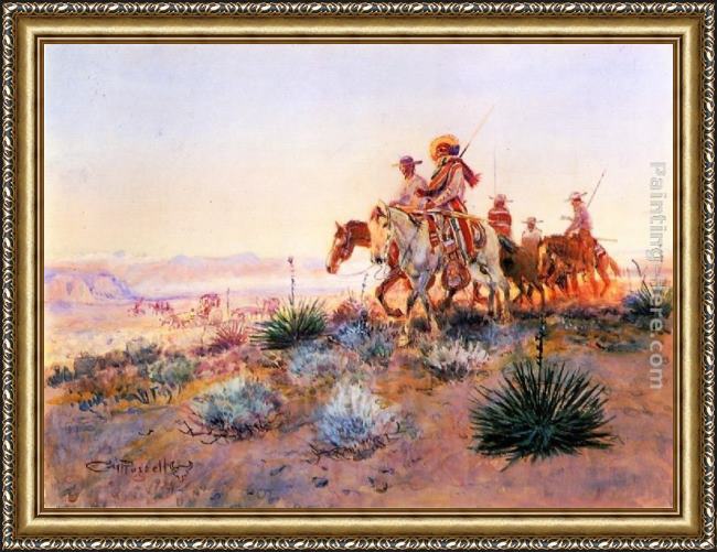Framed Charles Marion Russell mexican buffalo hunters painting