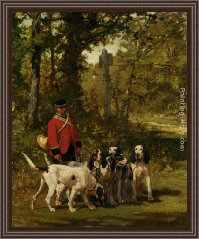 Framed Charles Olivier De Penne a huntmaster on a forest trail painting