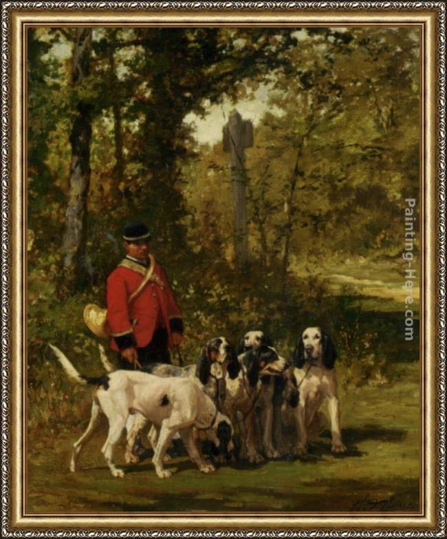 Framed Charles Olivier De Penne a huntmaster on a forest trail painting