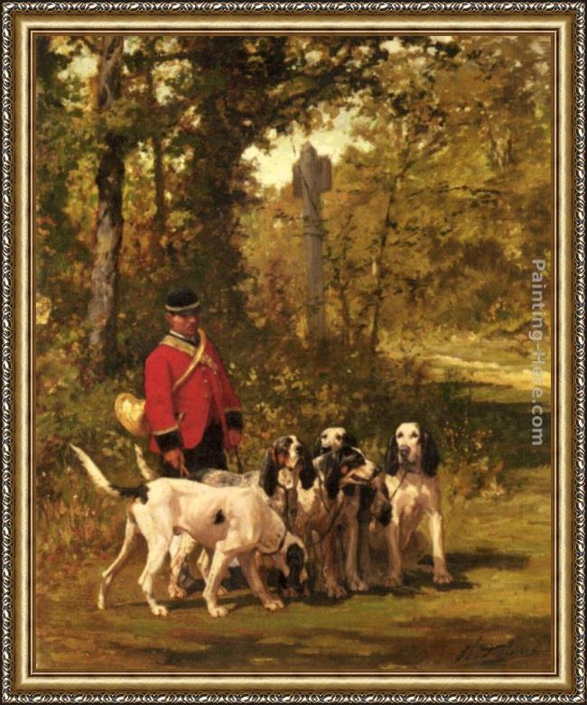 Framed Charles Olivier De Penne a huntmaster with his dogs on a forest trail painting