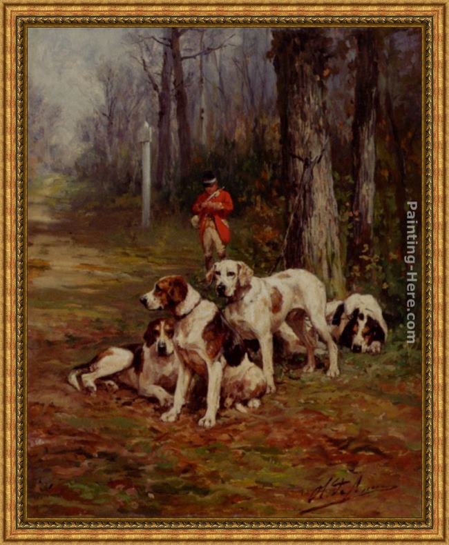 Framed Charles Olivier De Penne hunting dogs at rest painting