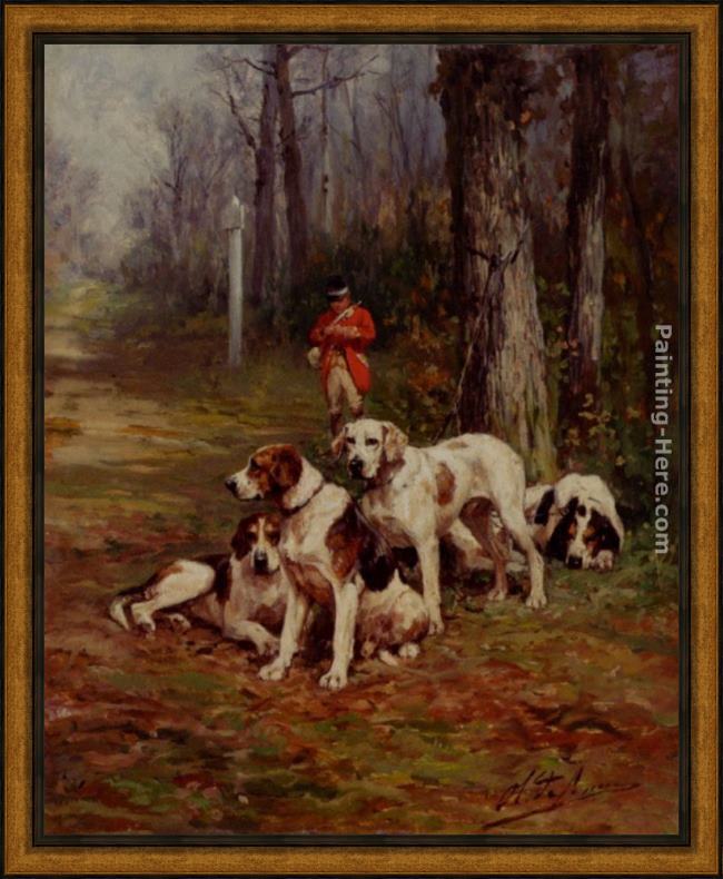 Framed Charles Olivier De Penne hunting dogs at rest painting