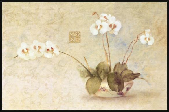 Framed Cheri Blum orchids in a chinese bowl painting