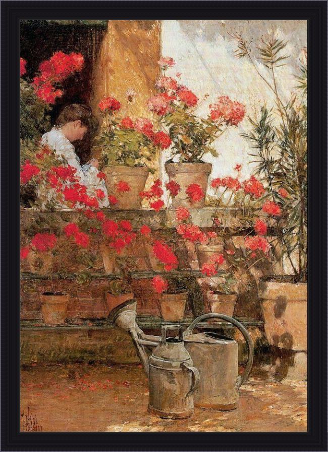 Framed childe hassam geraniums painting