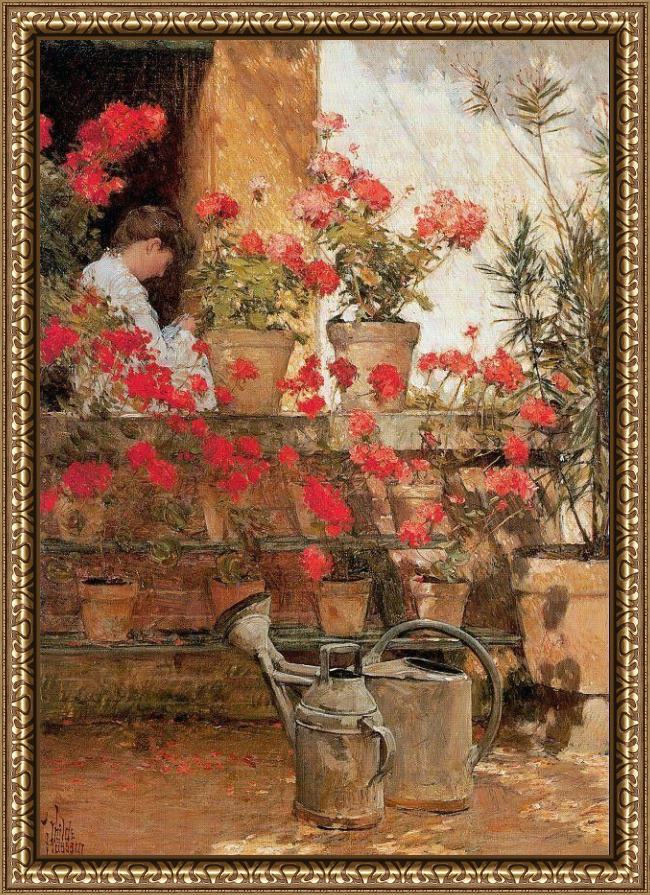 Framed childe hassam geraniums painting