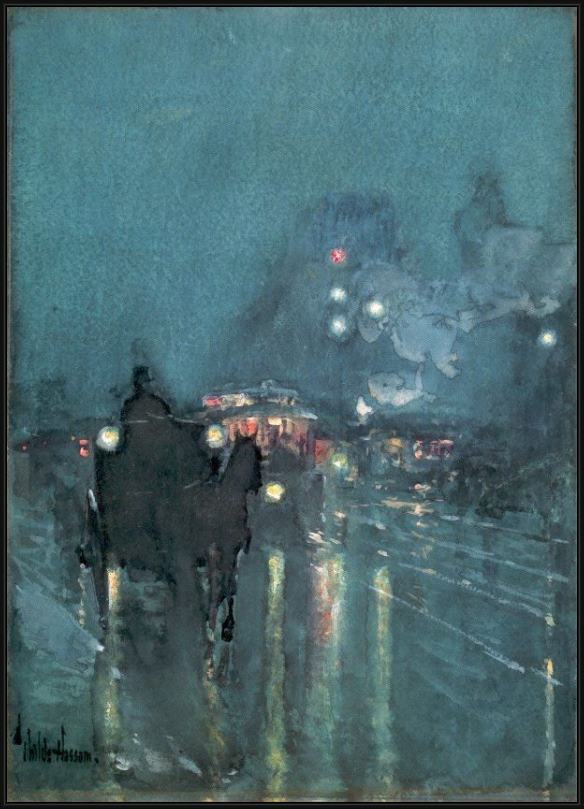 Framed childe hassam nocturne railway crossing chicago painting