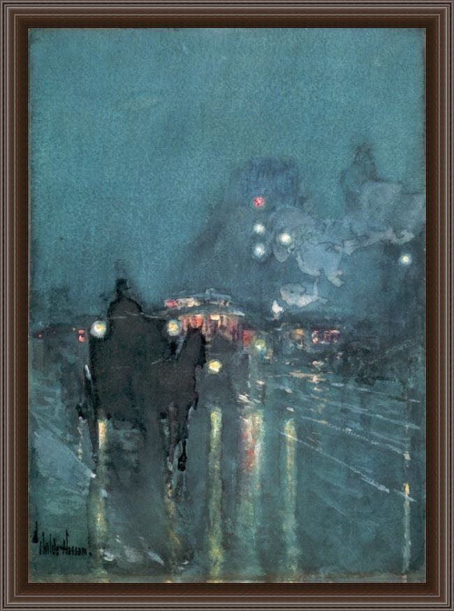 Framed childe hassam nocturne railway crossing chicago painting