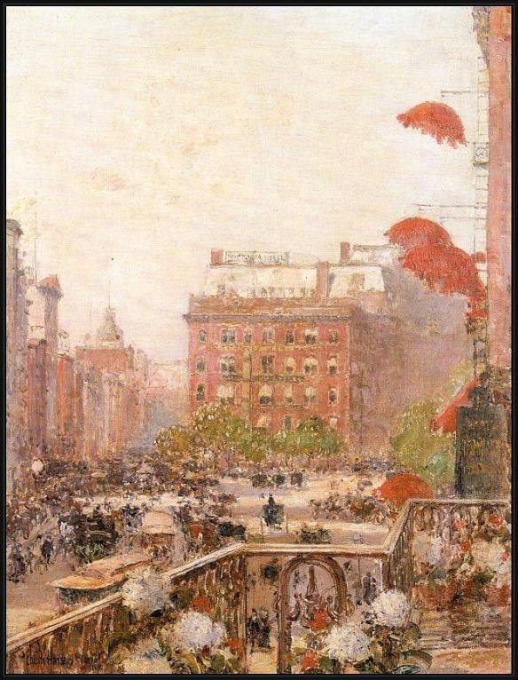 Framed childe hassam view of broadway and fifth avenue painting