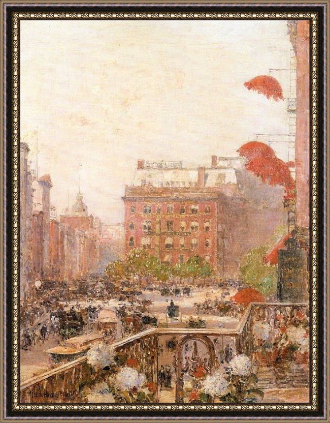 Framed childe hassam view of broadway and fifth avenue painting