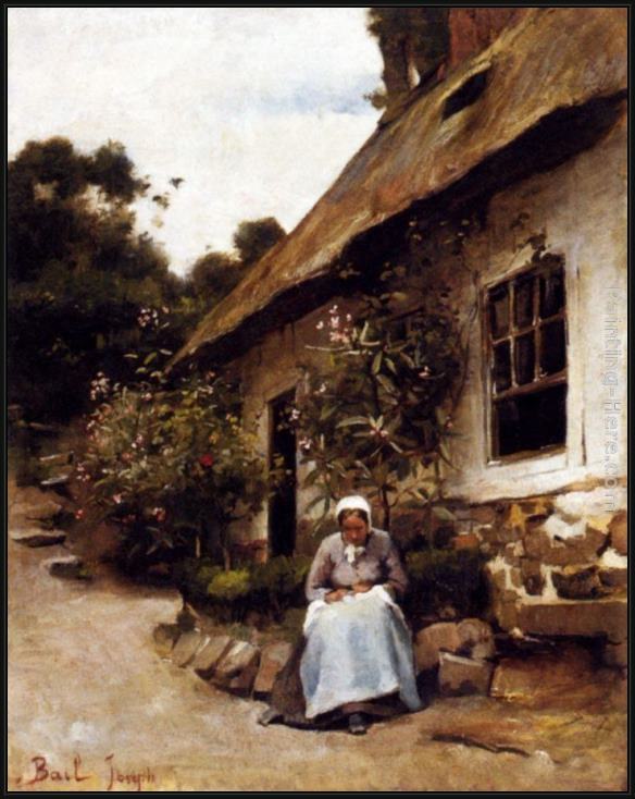 Framed Claude Joseph Bail woman sewing in front of her cottage painting