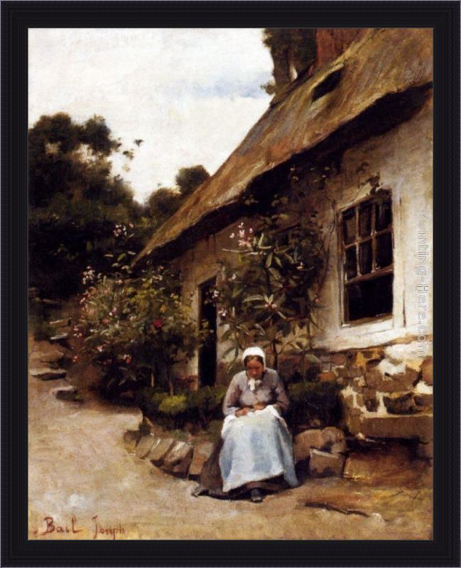 Framed Claude Joseph Bail woman sewing in front of her cottage painting