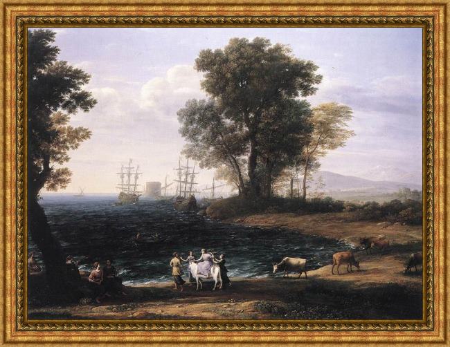 Framed Claude Lorrain coast scene with the rape of europa painting