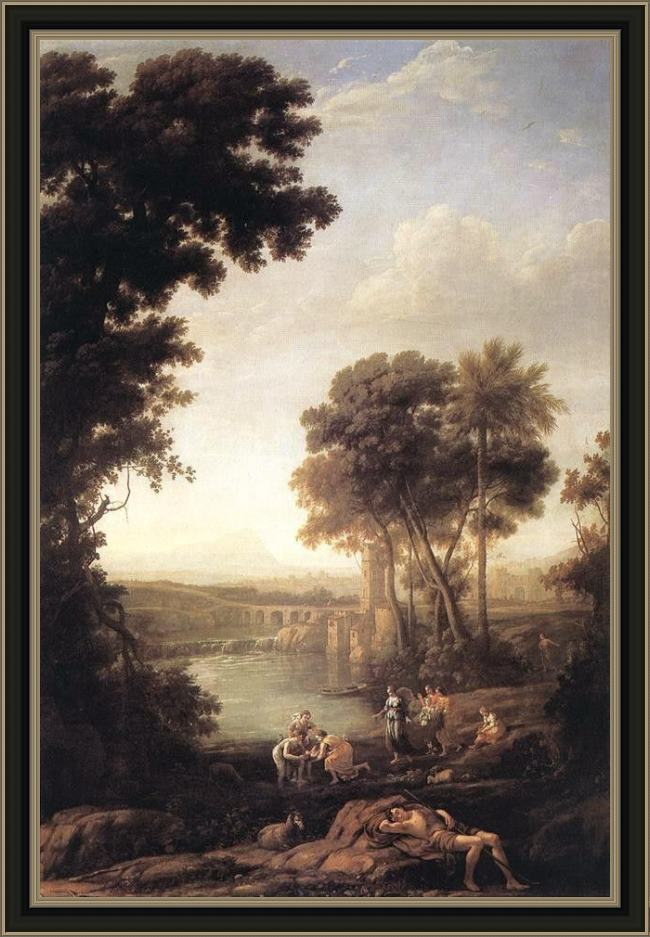 Framed Claude Lorrain landscape with the finding of moses painting