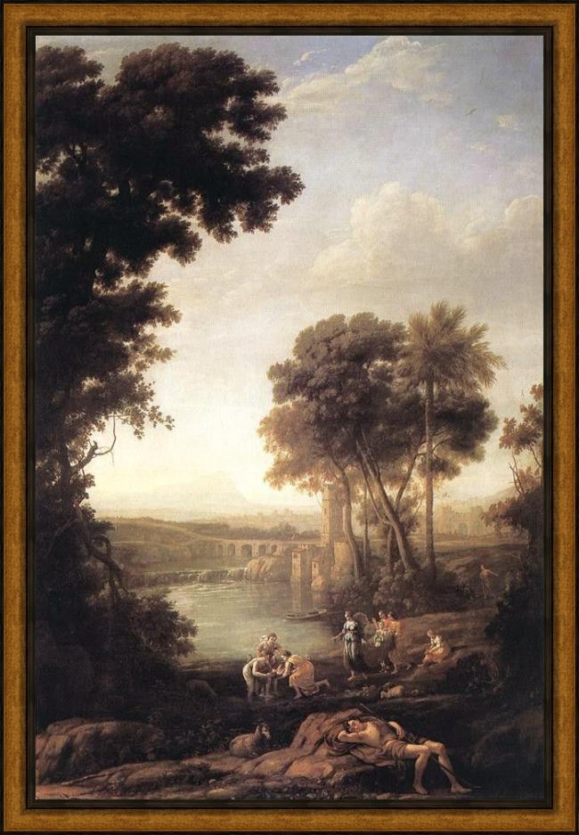 Framed Claude Lorrain landscape with the finding of moses painting