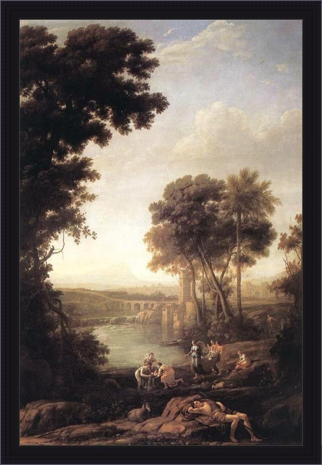 Framed Claude Lorrain landscape with the finding of moses painting