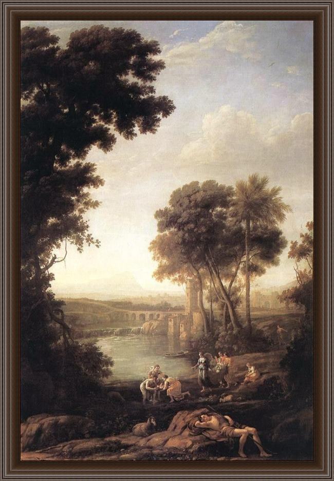 Framed Claude Lorrain landscape with the finding of moses painting