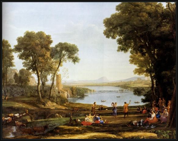 Framed Claude Lorrain landscape with the marriage of isaac and rebekah painting