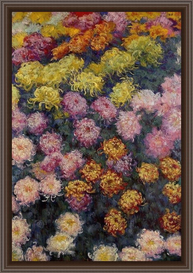 Framed Claude Monet bed of chrysanthemums painting
