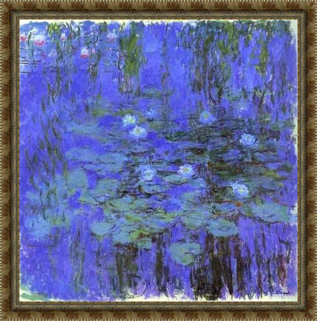 Framed Claude Monet blue water lilies painting