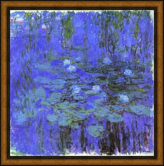 Framed Claude Monet blue water lilies painting