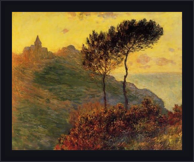 Framed Claude Monet church at varengeville against the sunset painting