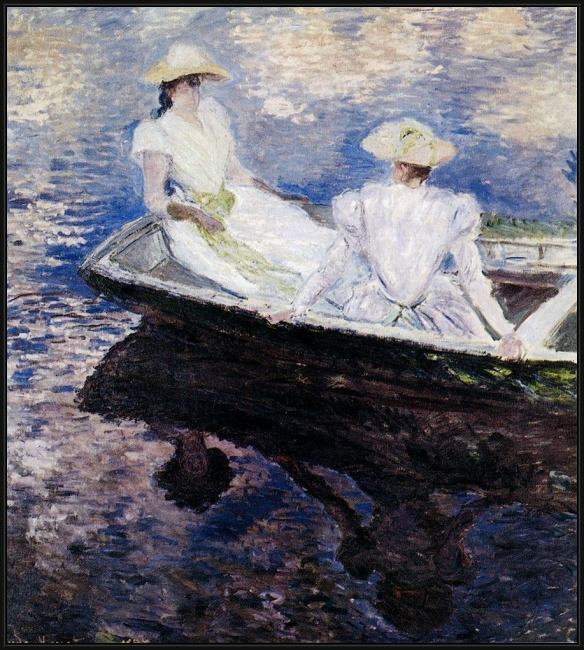 Framed Claude Monet girls in a boat painting