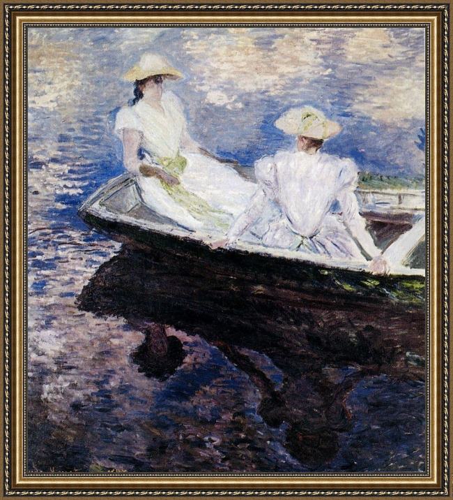 Framed Claude Monet girls in a boat painting