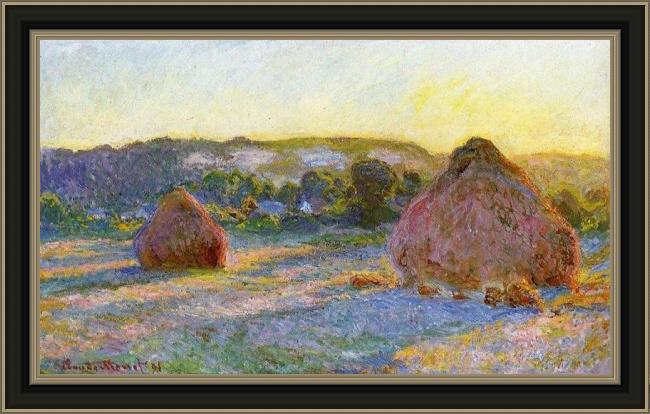Framed Claude Monet grainstacks at the end of summer evening effect painting
