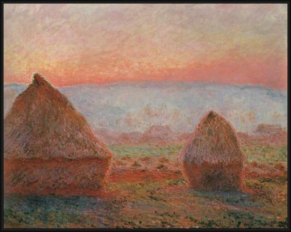 Framed Claude Monet haystacks at giverny  the evening sun painting