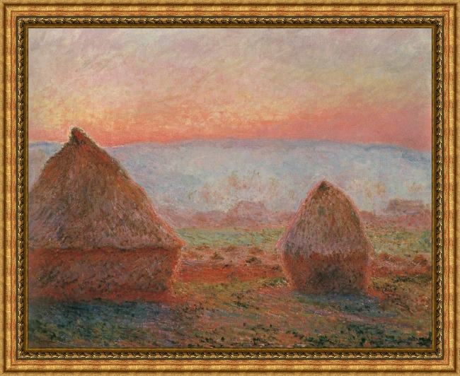 Framed Claude Monet haystacks at giverny  the evening sun painting