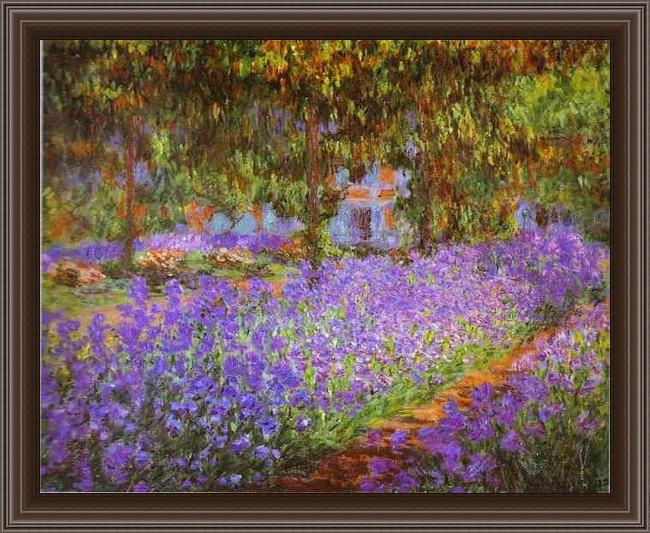 Framed Claude Monet irises in monet's garden painting