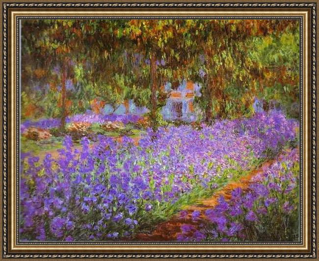 Framed Claude Monet irises in monet's garden painting