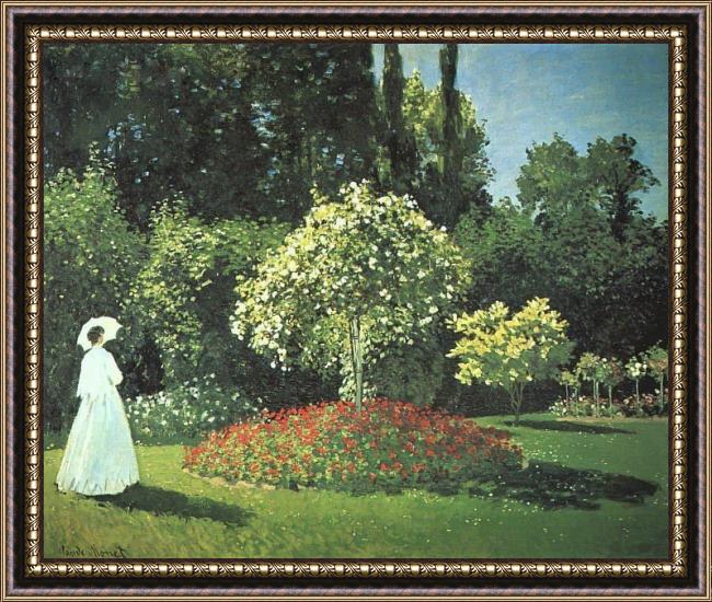 Framed Claude Monet jeanne-marguerite lecadre in the garden painting