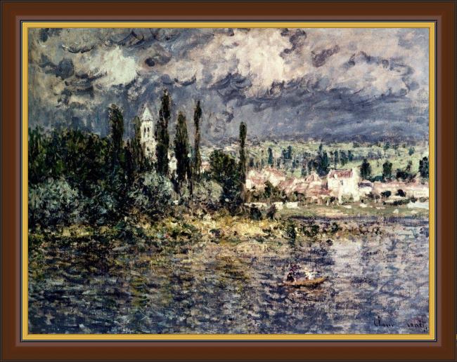 Framed Claude Monet landscape with thunderstorm painting