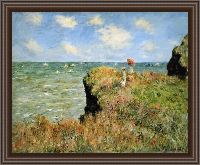Framed Claude Monet stroll at the rocks of pourville painting