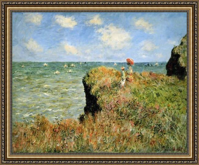 Framed Claude Monet stroll at the rocks of pourville painting