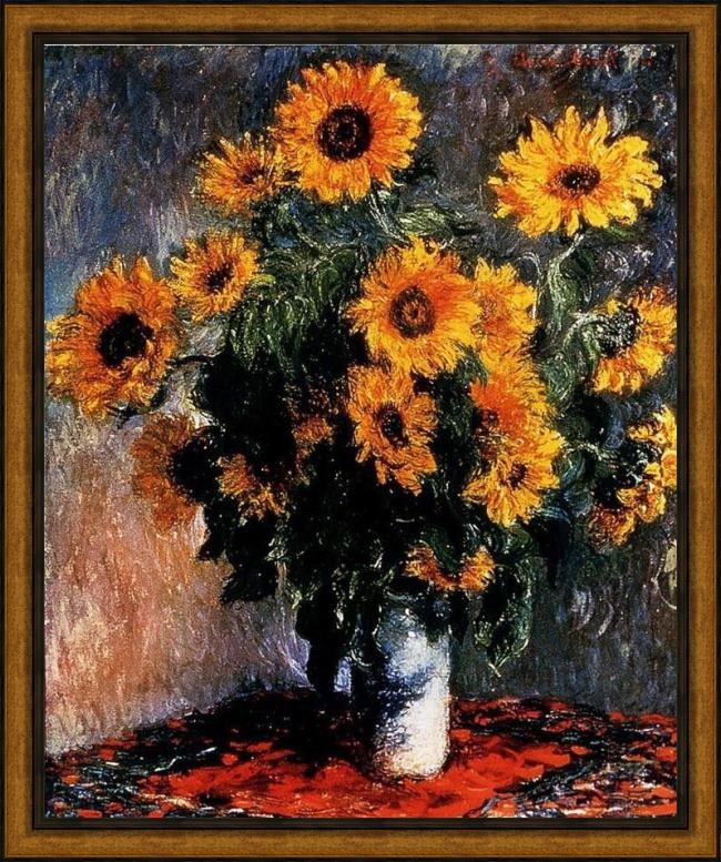Framed Claude Monet sunflowers painting