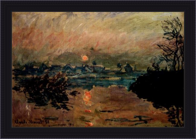 Framed Claude Monet sunset painting