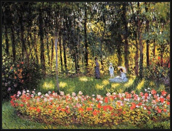 Framed Claude Monet the artist's family in the garden painting