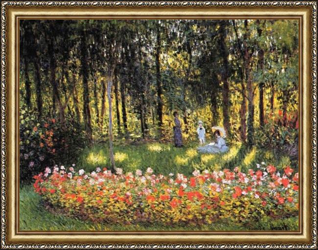 Framed Claude Monet the artist's family in the garden painting