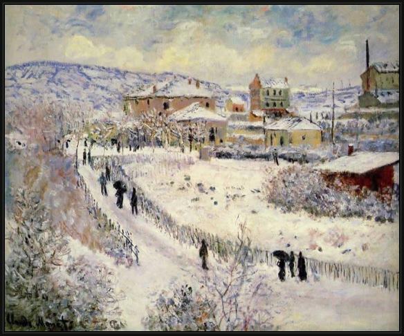 Framed Claude Monet view of argenteuil in the snow painting