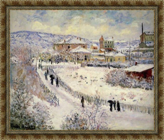 Framed Claude Monet view of argenteuil in the snow painting