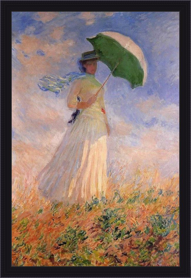 Framed Claude Monet woman with a paraso facing right painting
